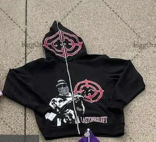 Maxct 90s Streetwear American street fashion jacket target character print oversized sweatshirt women Y2K retro Harajuku casual zipper hoodie men