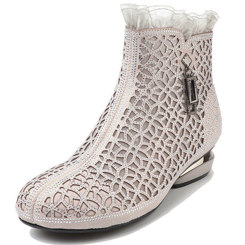 Fashion Rhinestones Hollow Out Thick Heel Short Boots for Women