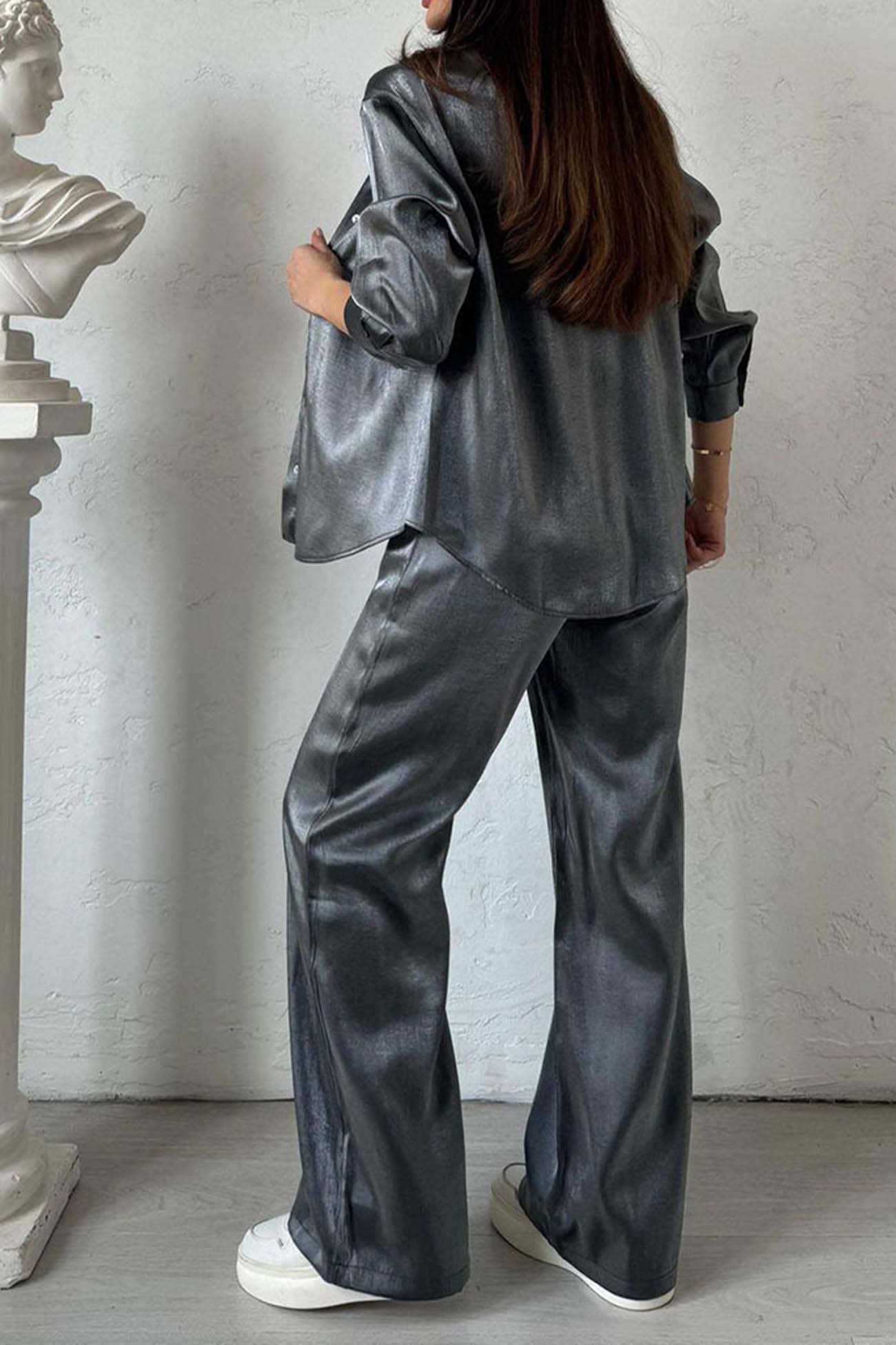 Maxct Metallic Shiny Button Down Shirt Long Pant Set