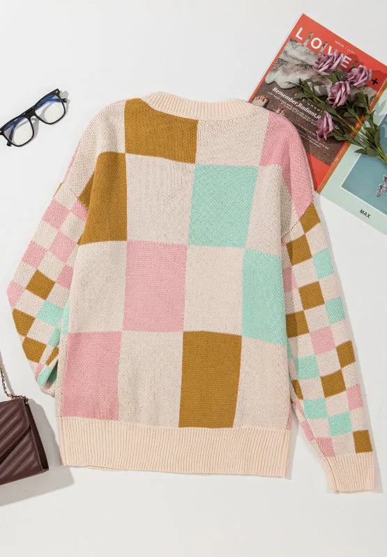 Maxct &Checkered Round Neck Drop Shoulder Sweater