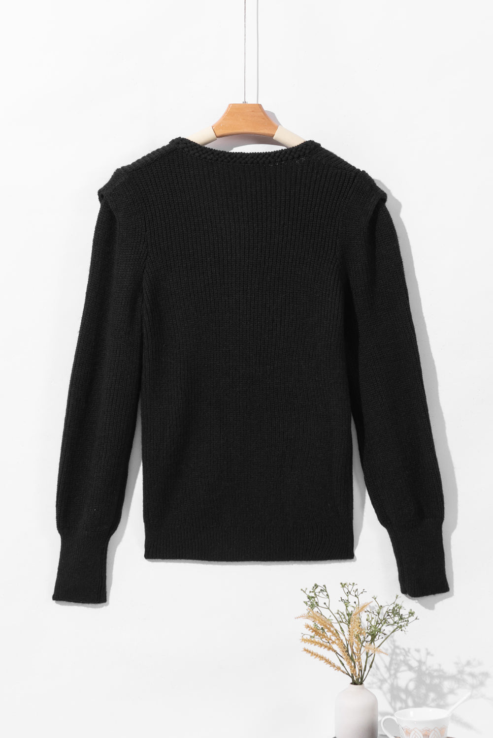 Maxct &Solid Color Notched Long Sleeve Sweater
