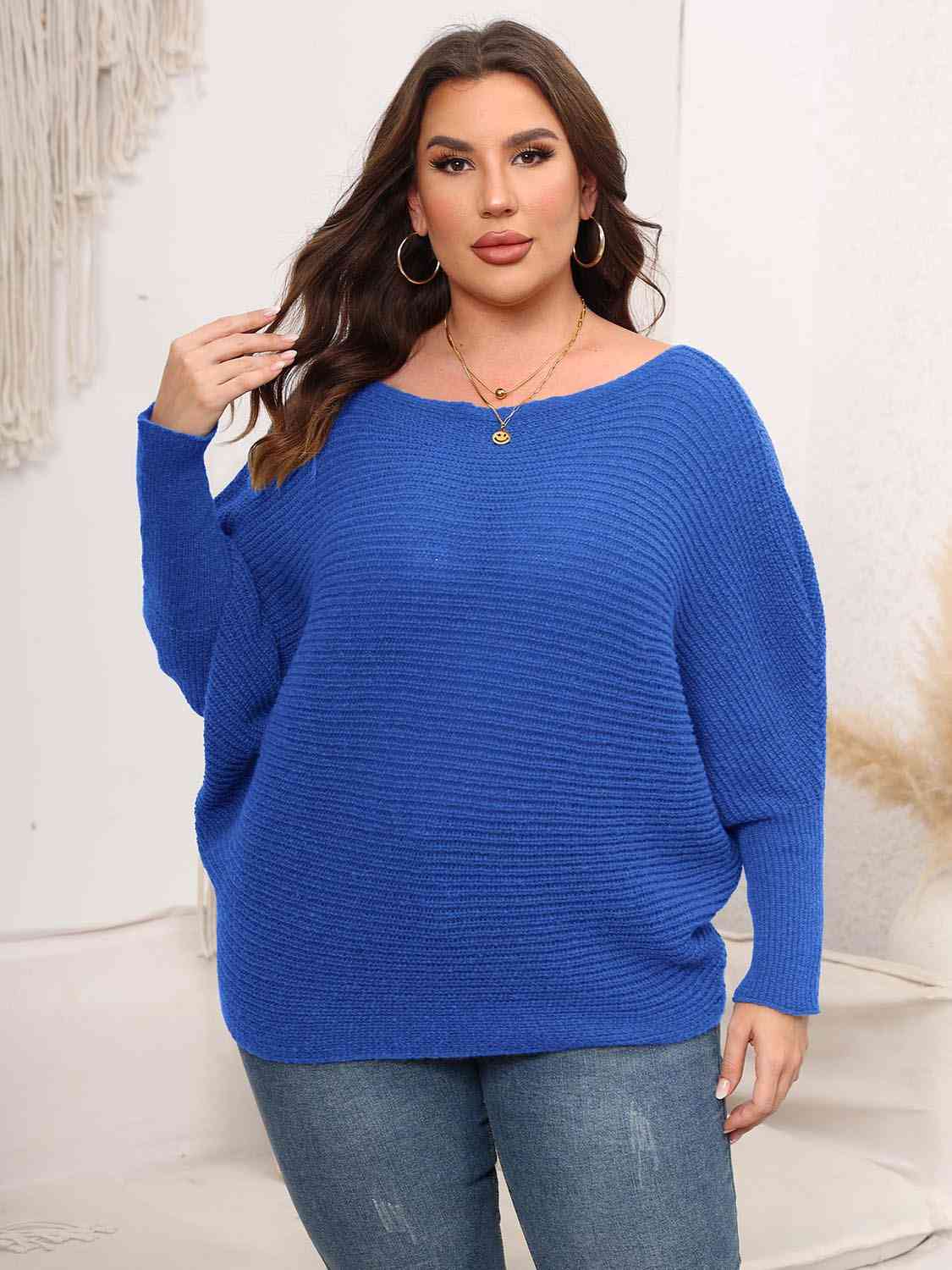 Maxct &Full Size Boat Neck Batwing Sleeve Sweater