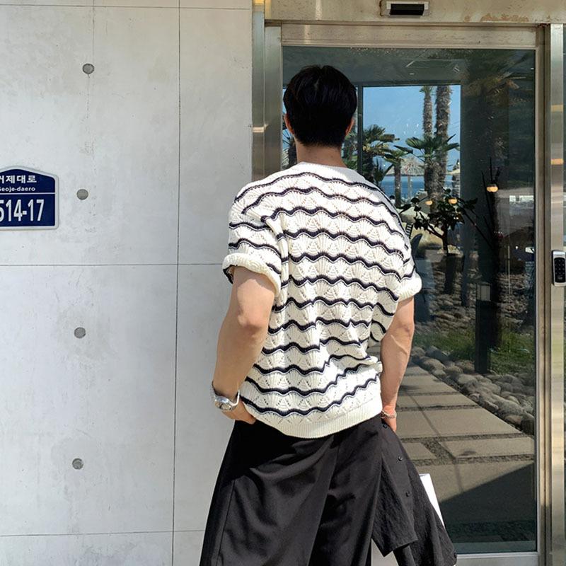 Maxct 90s Streetwear Men's T-shirt Short-sleeved Summer Trendy Brand High-grade Sense Heavy Industry Hollow Knitted Sweater Jacquard Wave Striped T-shirt Top