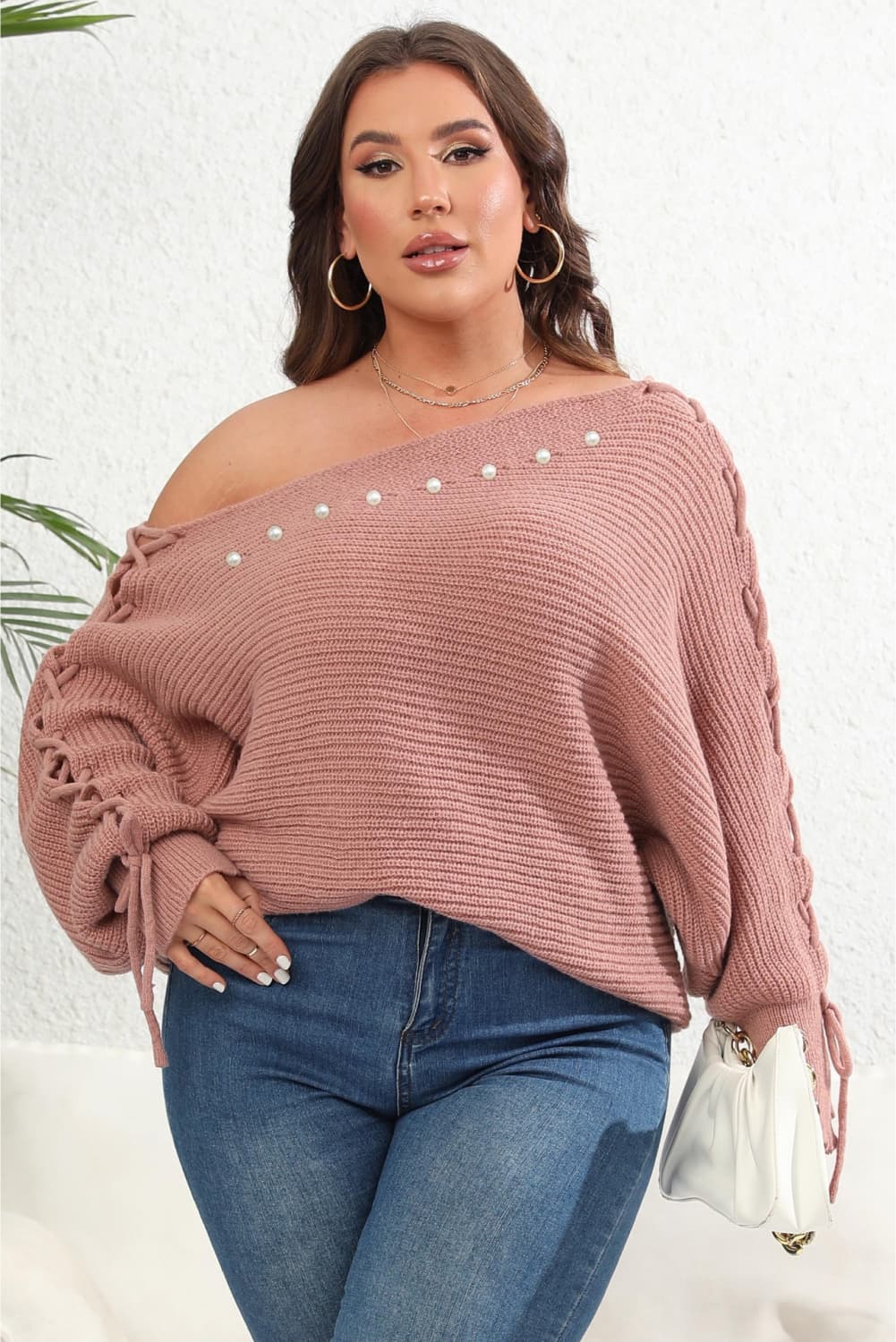 Maxct &Plus Size One Shoulder Beaded Sweater