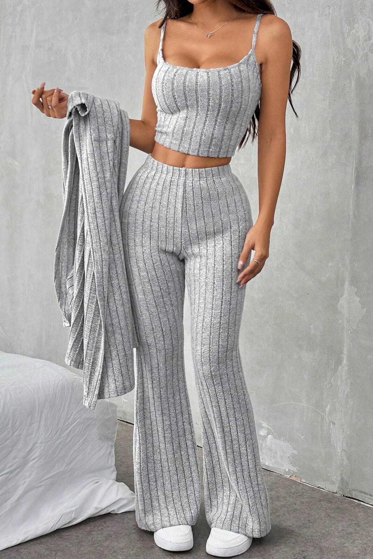Maxct Grey Ribbed Knit Cardigan Three-piece Set