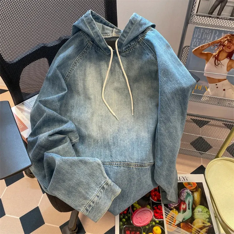 Big Pocket Raglan Sleeve Unisex Vintage Denim Hoodie Maxct