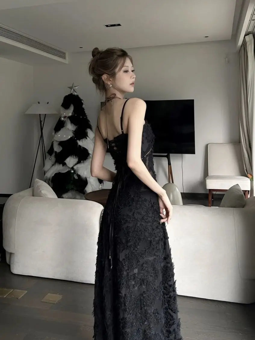 Voguable Black Party Midi Dress See-through Strap Y2k Dress FeLace Chic Korean Slim Vintage Dress New Maxct