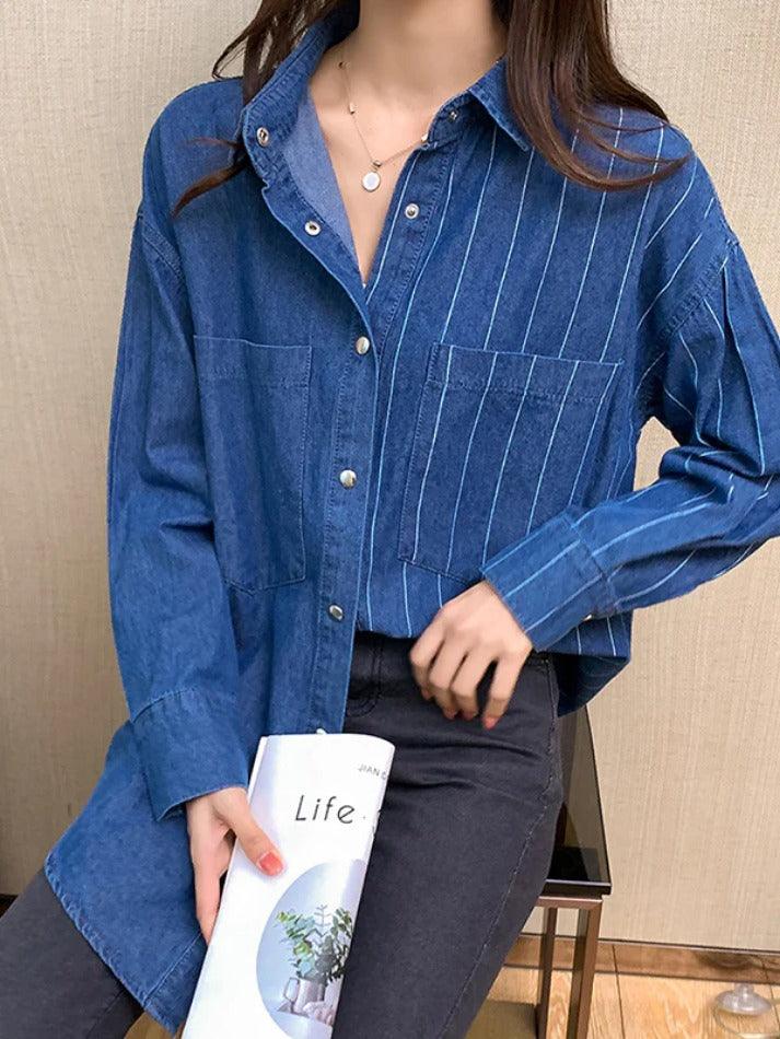 Maxct Vintage Striped Splice Denim Blouses&Shirts
