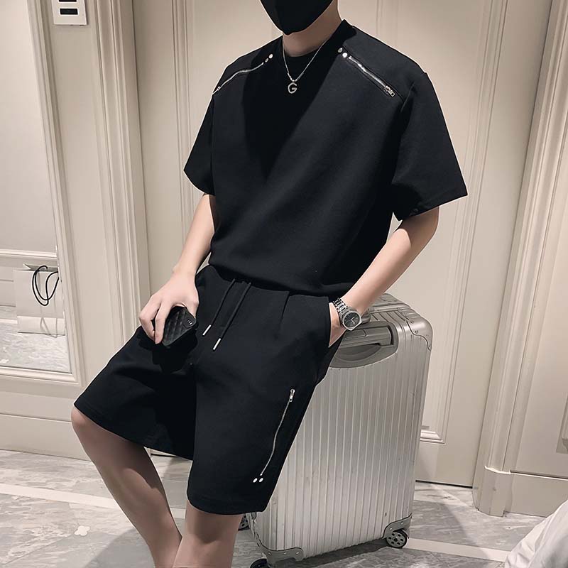 Maxct Zip Trim Short Sleeves Shorts Casual Two-Piece Suits