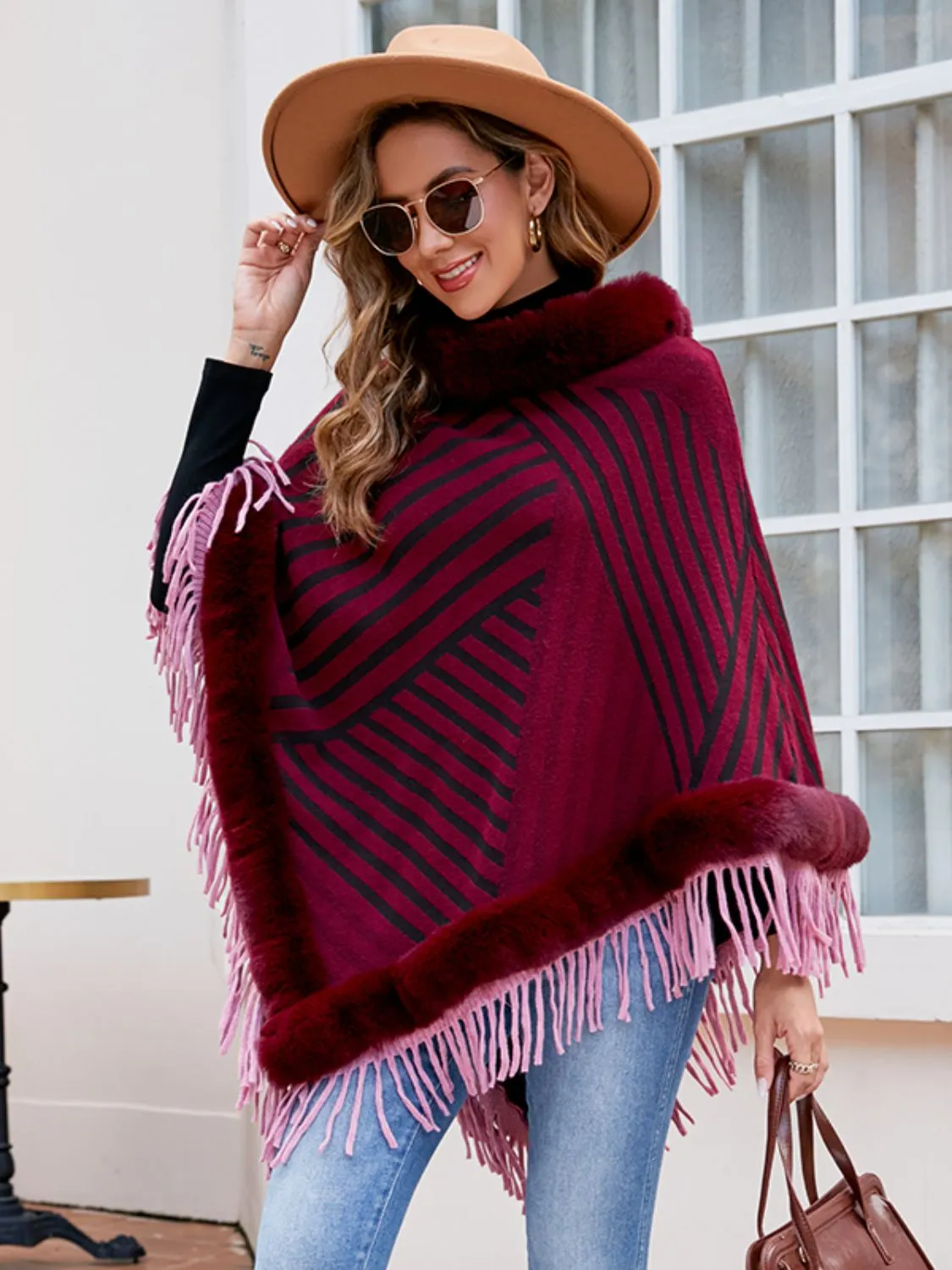 Maxct &Striped Fringe Hem Poncho