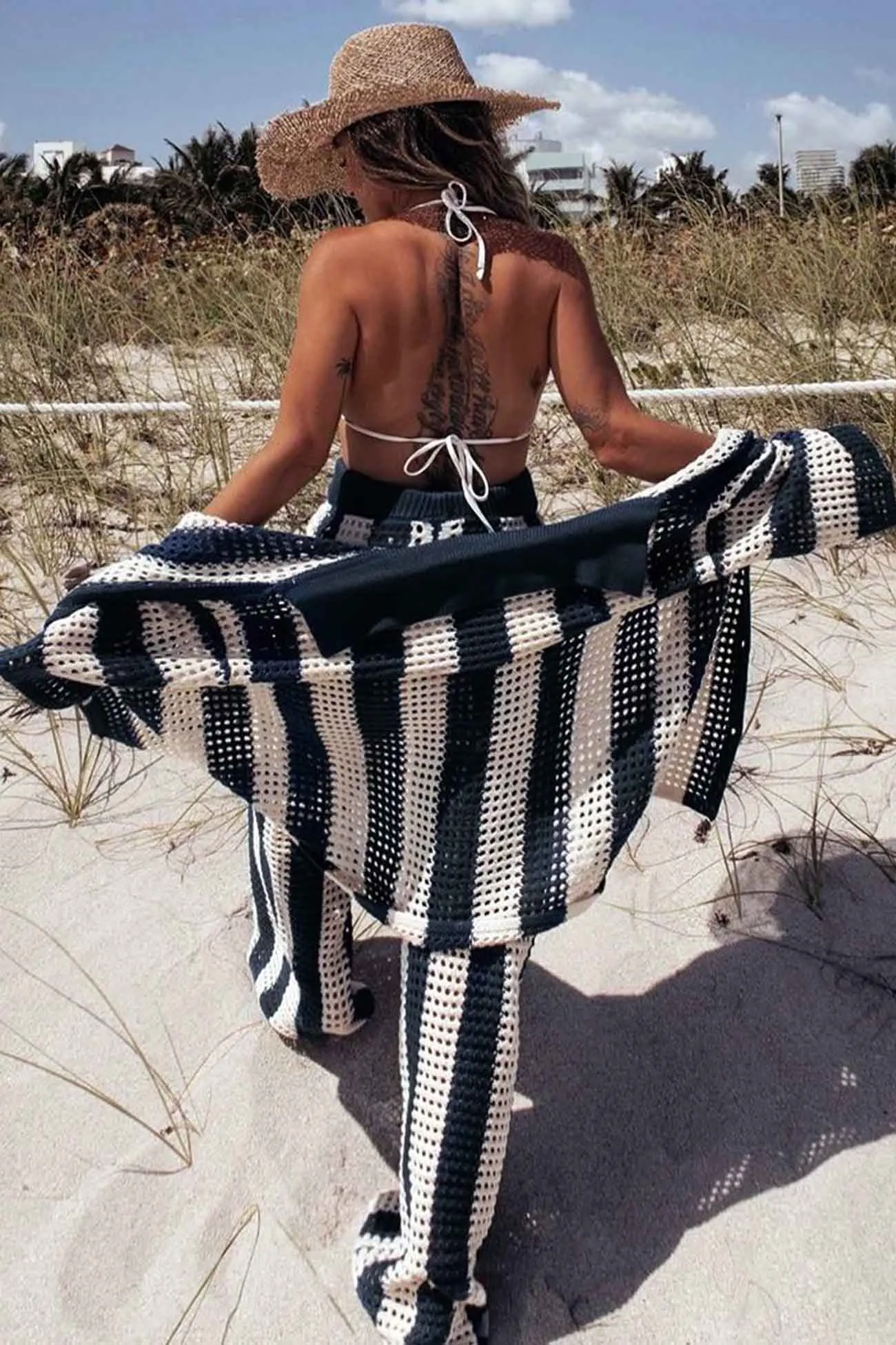 Maxct Contrast Stripe Hollow Long Pants Set