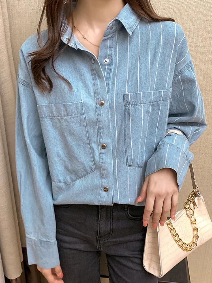Maxct Vintage Striped Splice Denim Blouses&Shirts