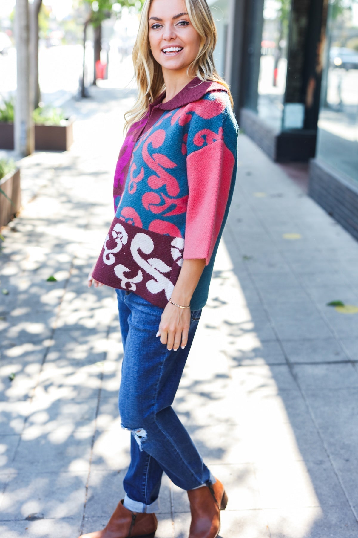Maxct &Feeling Your Best Wine Abstract Print Color Block Collar V Neck Sweater