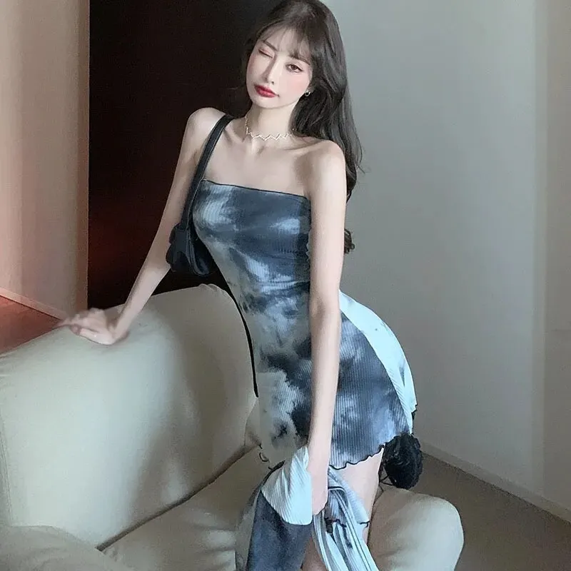 Maxct Set Autumn Tie-dye Design Sense Tube Top Dress Women Fashion Cardigan Top Two-piece Suit