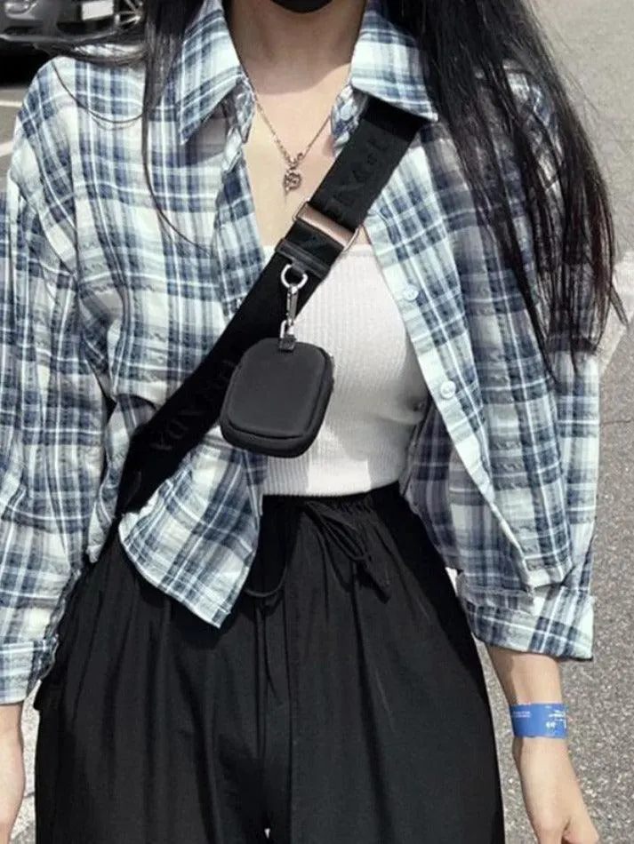 Maxct Vintage Plaid Short Loose Long Sleeve Blouse