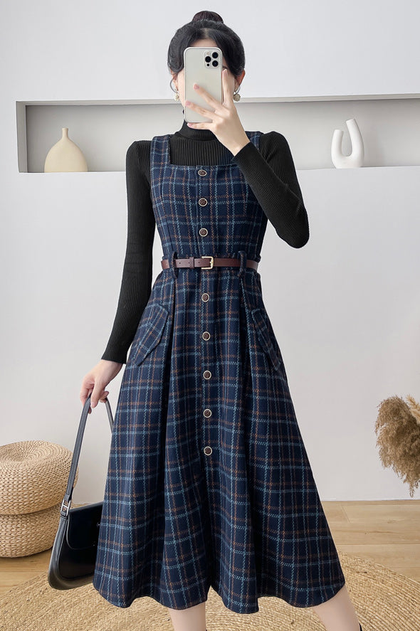 Button Up Plaid Pinafore Dress Maxct
