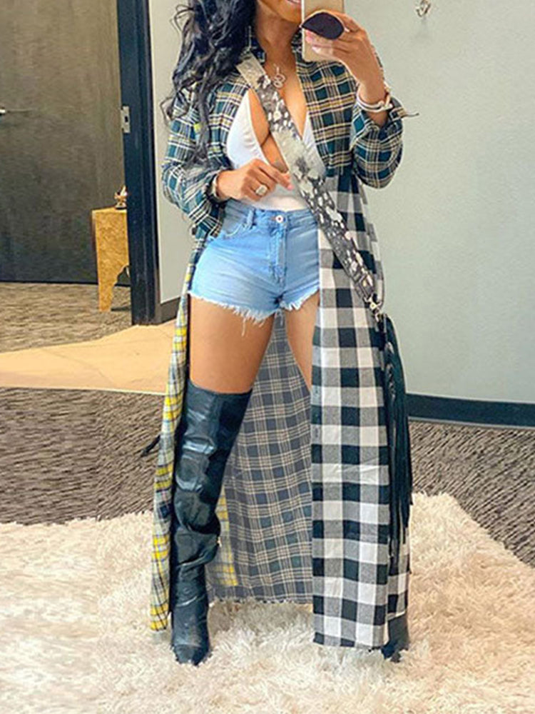 Plaid Turndown Collar Dresses Coat Maxct