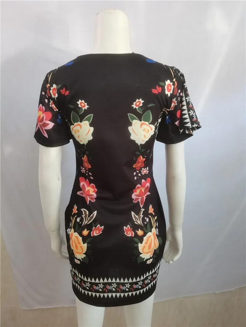 Women's Elegant Dress Vintage Floral Print Ruffles Bodycon Dress for Party Cocktails Casual Mini Dress Vacation Dress