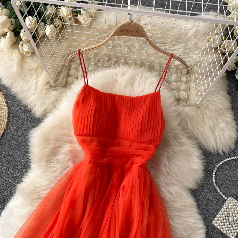 Women's Sexy Mesh Spaghetti Strap Long Dress Summer Orange/Purple/Blue/Pink Ruffle A-Line Beach Robe Female Elegant Party Vestidos