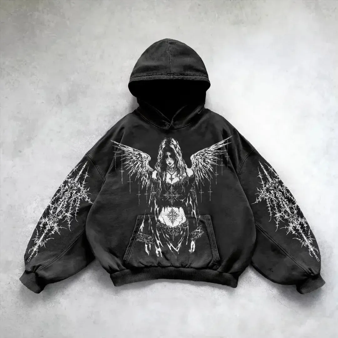 Maxct Heavy Washed Man Hoodie Sweatshirt Y2k Gothic Clothes Retro Streetwear Pattern Women Pullover Casual Fashion for Men Harajuku