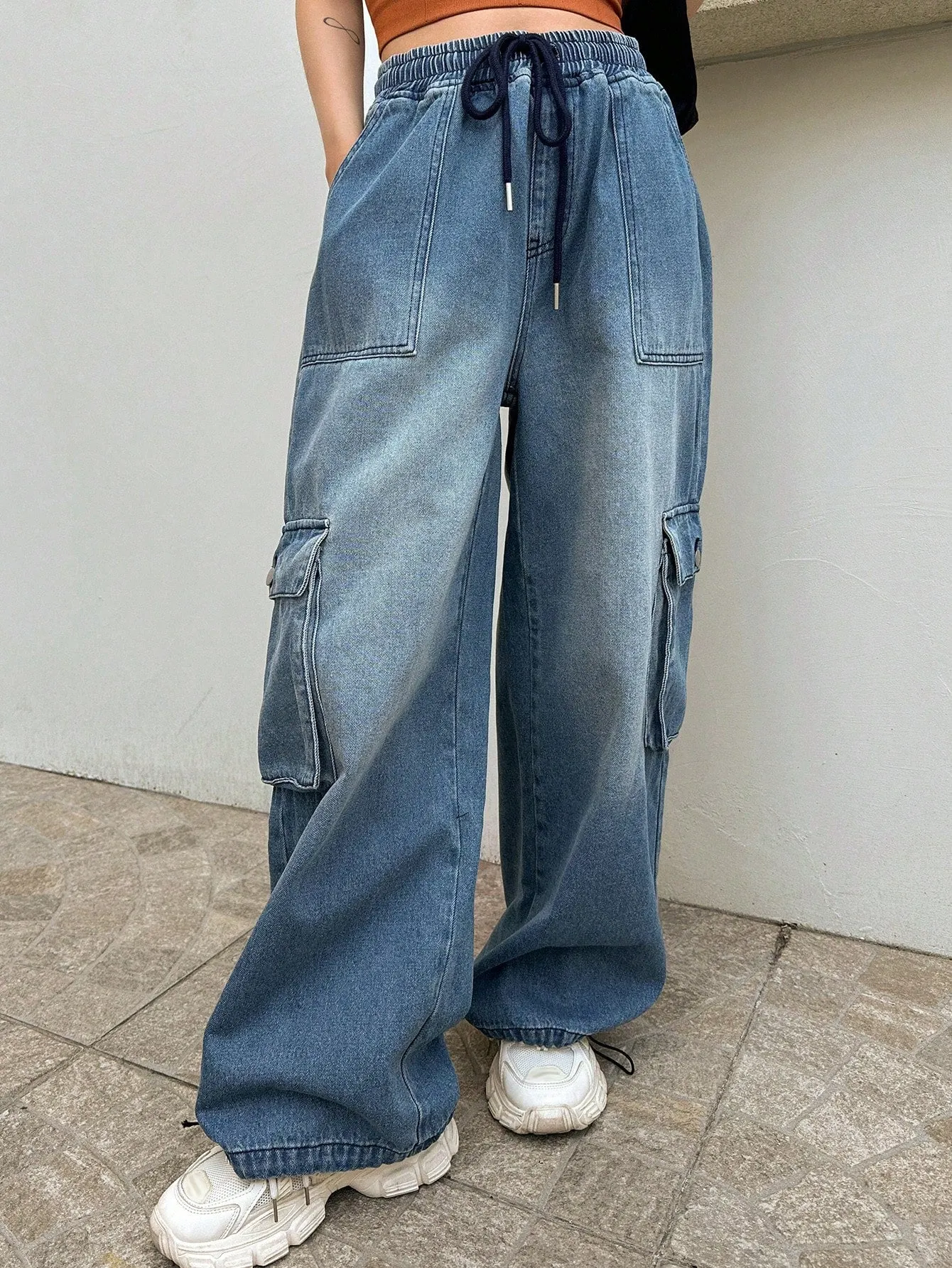 Maxct Drawstring Waist Flap Pocket Side Cargo Pants