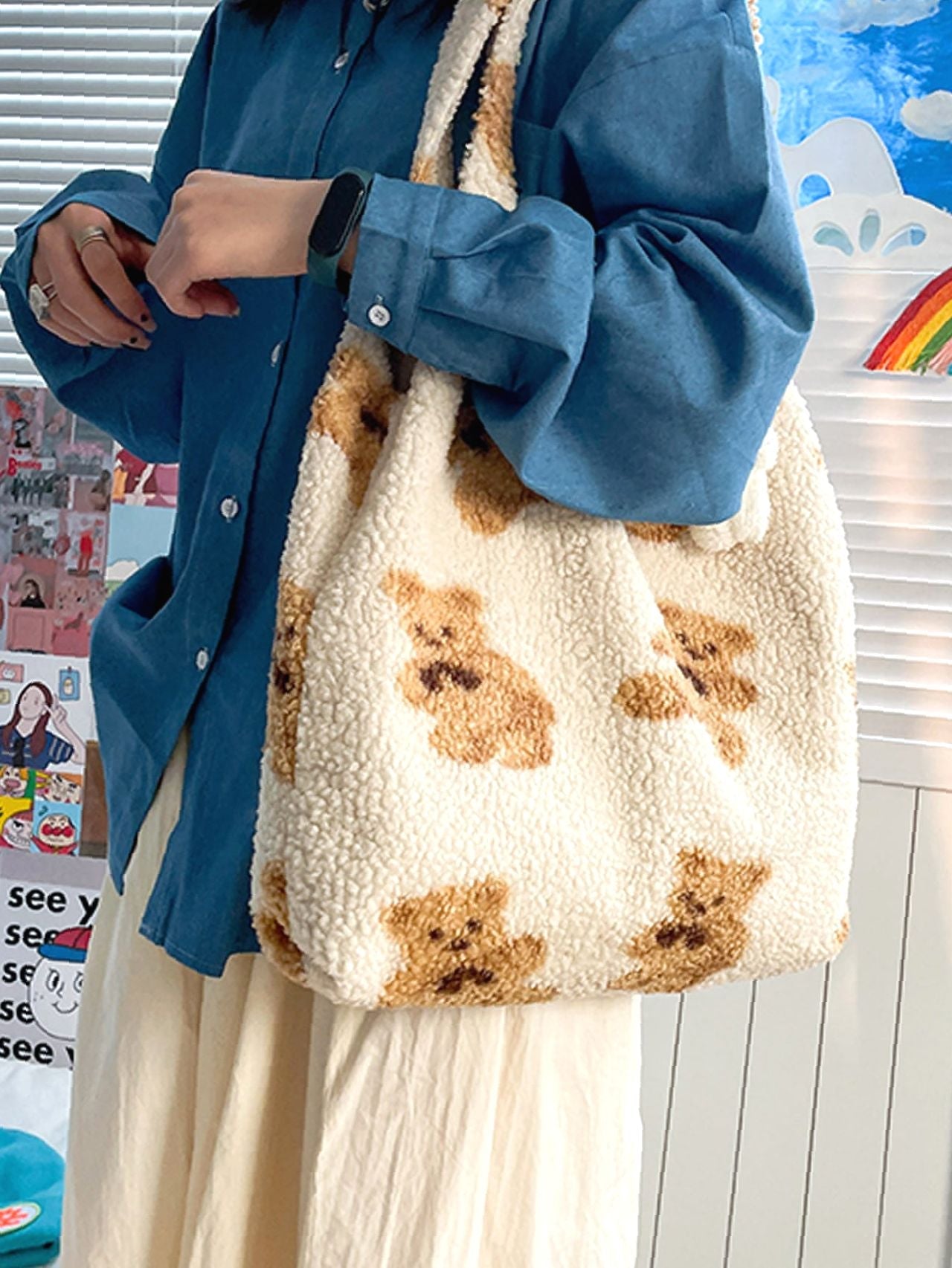 Maxct - Faux Shearling Cartoon Graphic Tote Bag  - Women Tote Bags