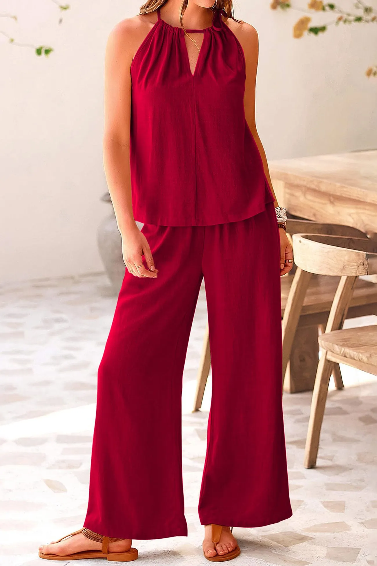 Maxct Cotton Linen Tie-up Tank Pants Suits