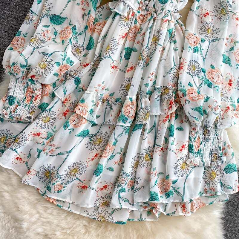 Women's Green/Purple/Beige Floral Chiffon Dress Bohemian V-Neck Lantern Long Sleeve High Waist Ruffle Vestidos Female New