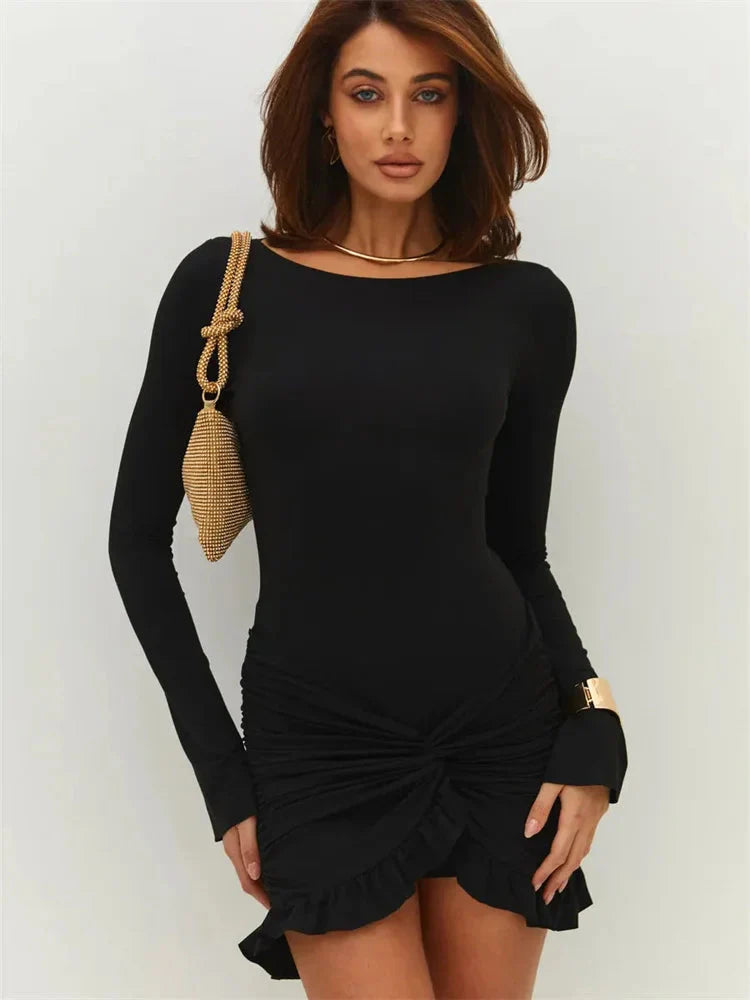 Ruffled Twist Skinny MIni Dress Long Sleeve Patchwork High Waist Party Dress FeY2k Bodycon Dress Maxct