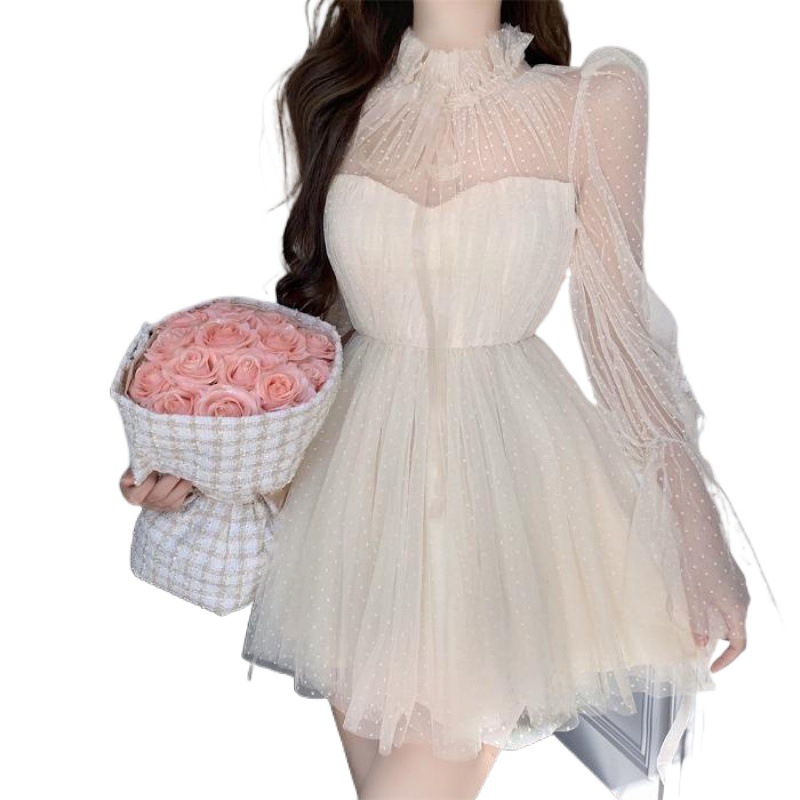 Maxct avant garde dress to impress Long Sleeve Polka Dot Mesh Stitching Tube Top Waist Slimming Pettiskirt Dress Women's Spring and Autumn New