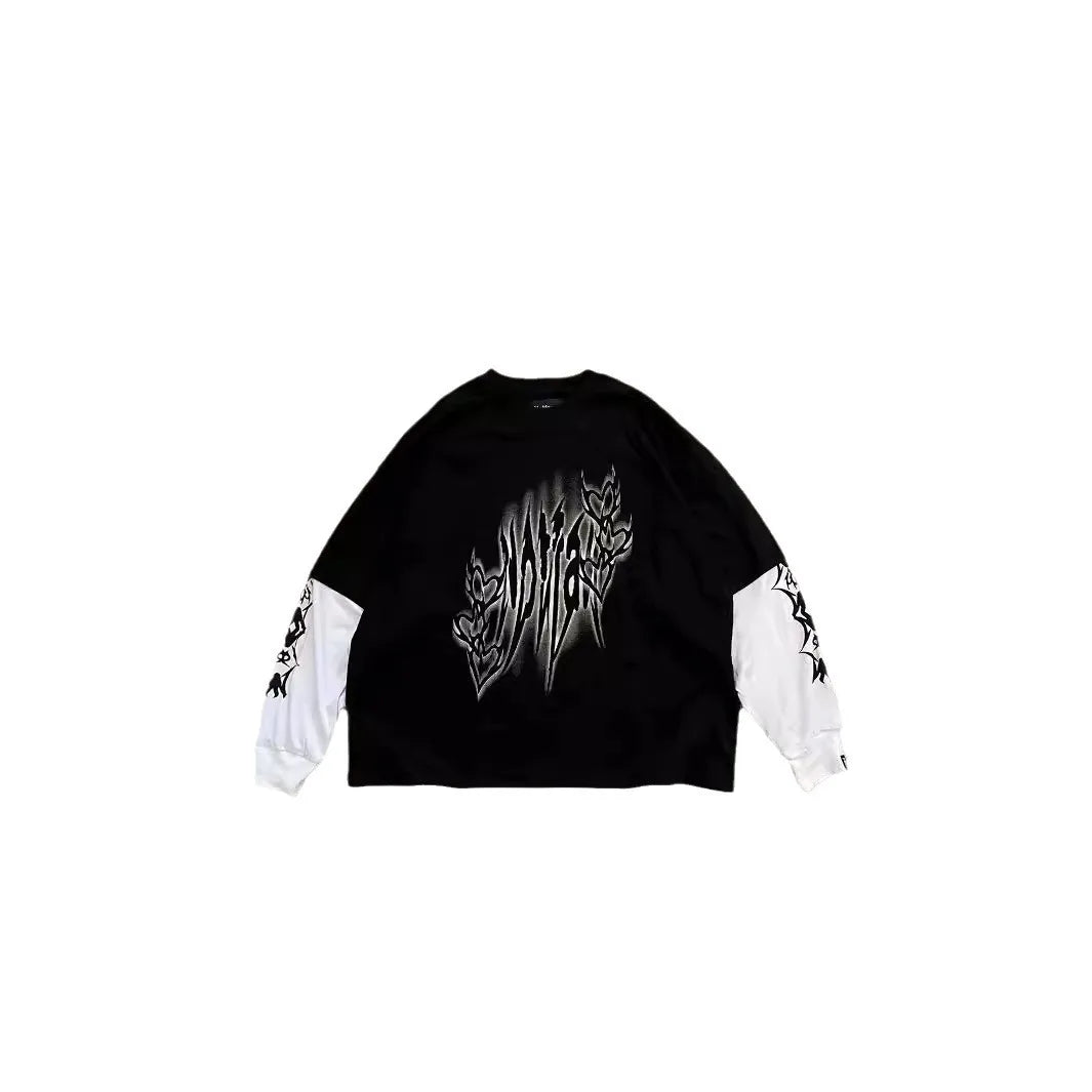 Maxct Y2k Long Sleeved T-Shirt Oversized Sweatshirt Vintage Anime Striped Printed Pattern Clothes Streetwear Hip-Hop Rap Gothic Style