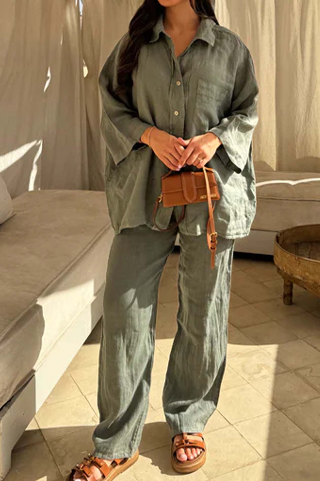 Maxct Lapel Button Shirt Long Pant Set