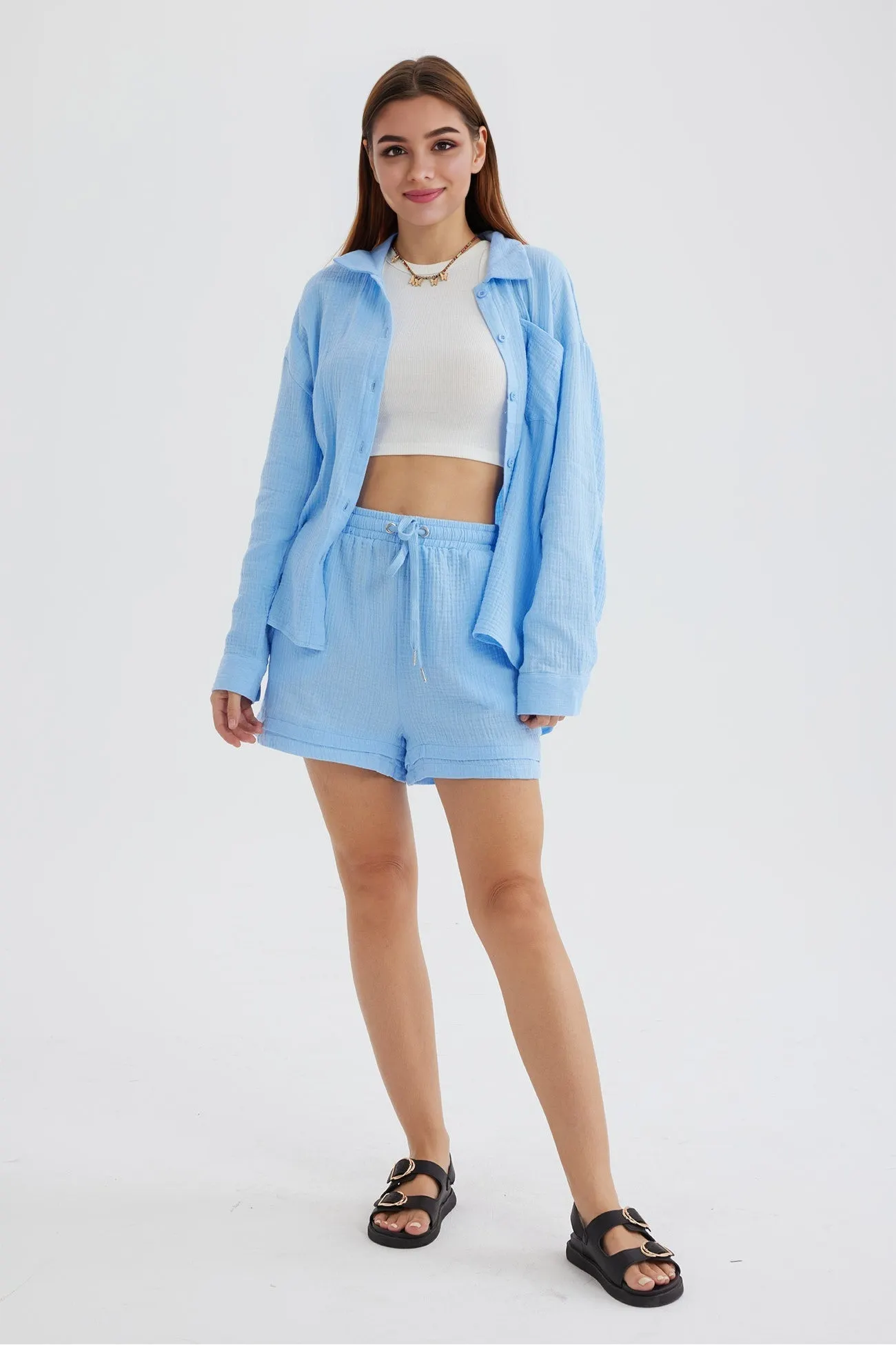 Maxct Long Sleeve Solid Color Shirt Shorts Set