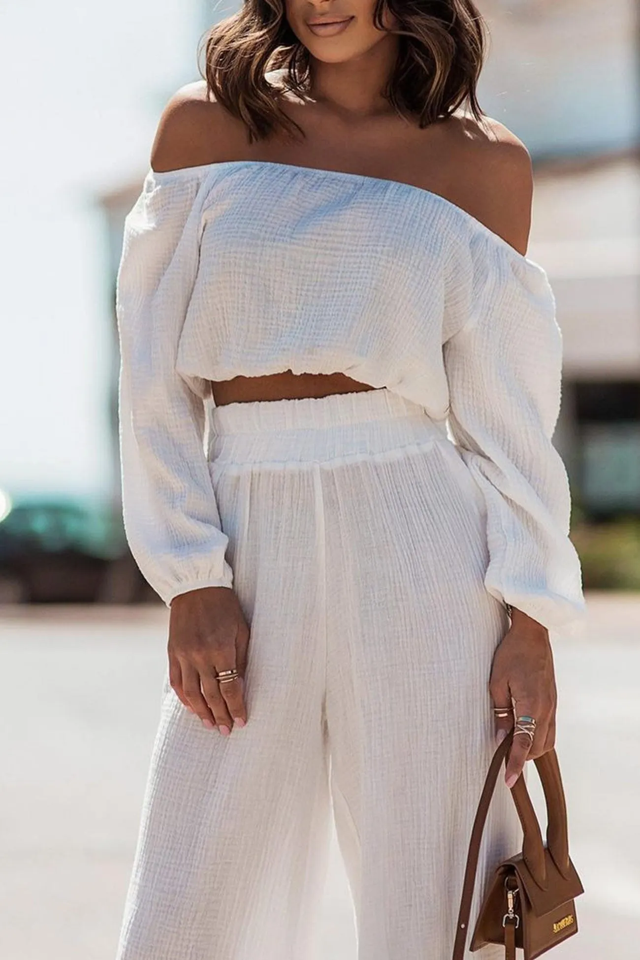 Maxct Off-shoulder Crop Top Wide Leg Long Pants Suits