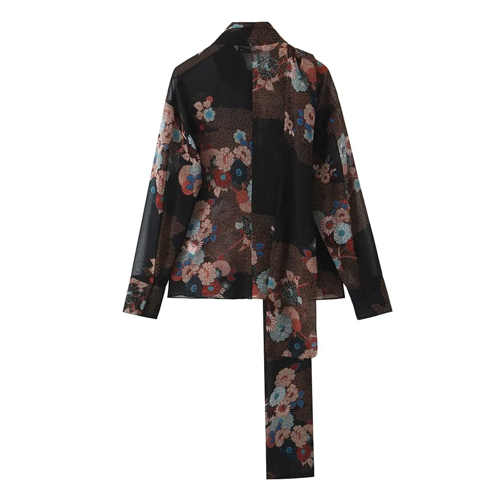 Maxct Autumn New Women's Fashion Style Ribbon Decoration Round Neck Long Sleeve Flower Printed Shirt Top