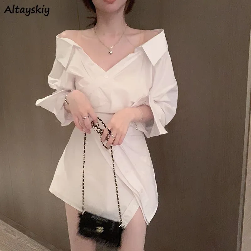 Maxct Sleeve Dresses Women Fashion New Sexy Ladies Off Shoulder White Solid Summer Female Mini Dress Leisure V-neck BF Irregular
