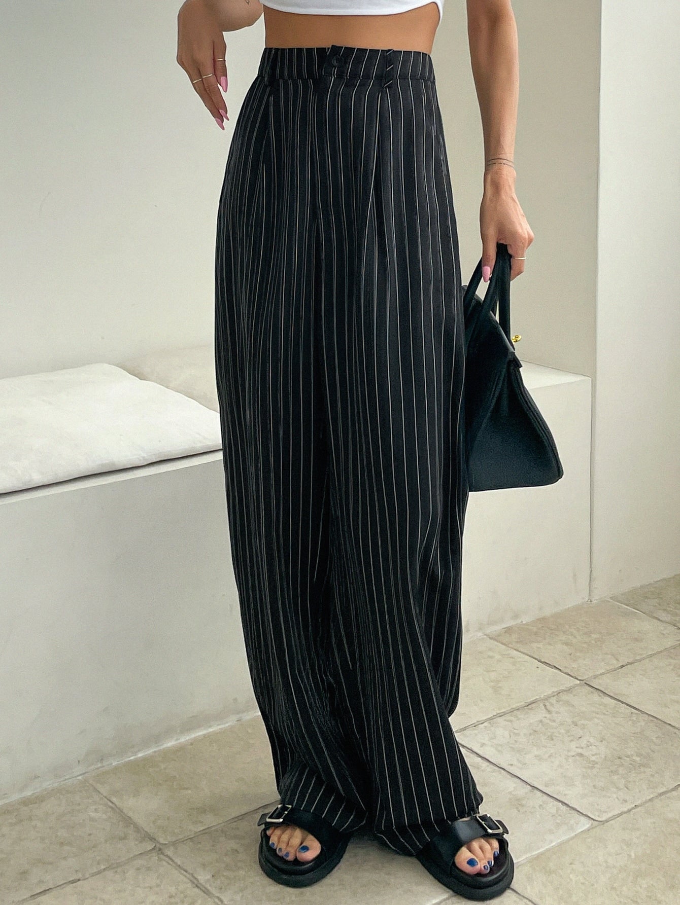 Maxct Striped Fold Pleated Tailored Pants