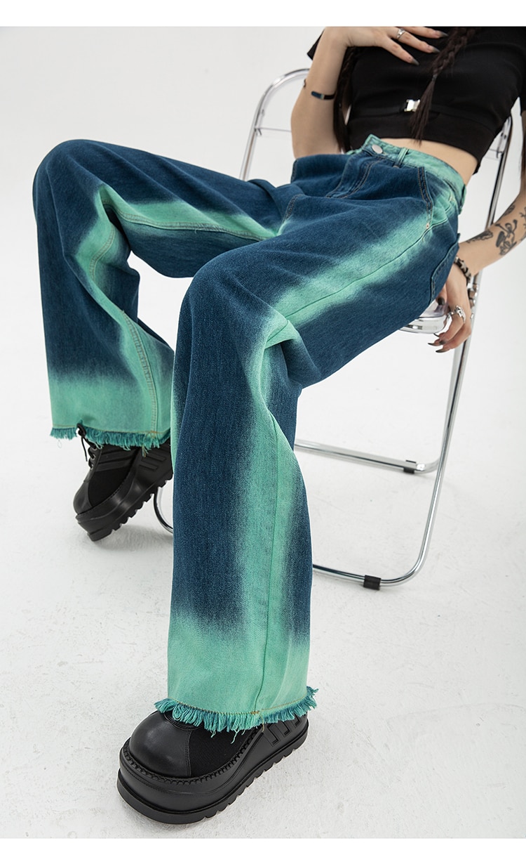 High Waist Straight Baggy Women's Jeans: Chic Design Streetwear Gradient Color Y2K Denim Wide Leg Trouser - true deals club