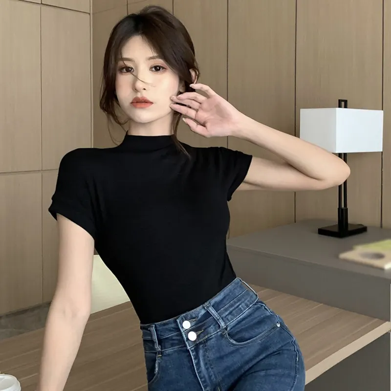 Maxct Half Turtleneck Short Sleeve T-Shirts Women Y2k Crop Tops Fashion Top Slim Blouse Chic Korean Style