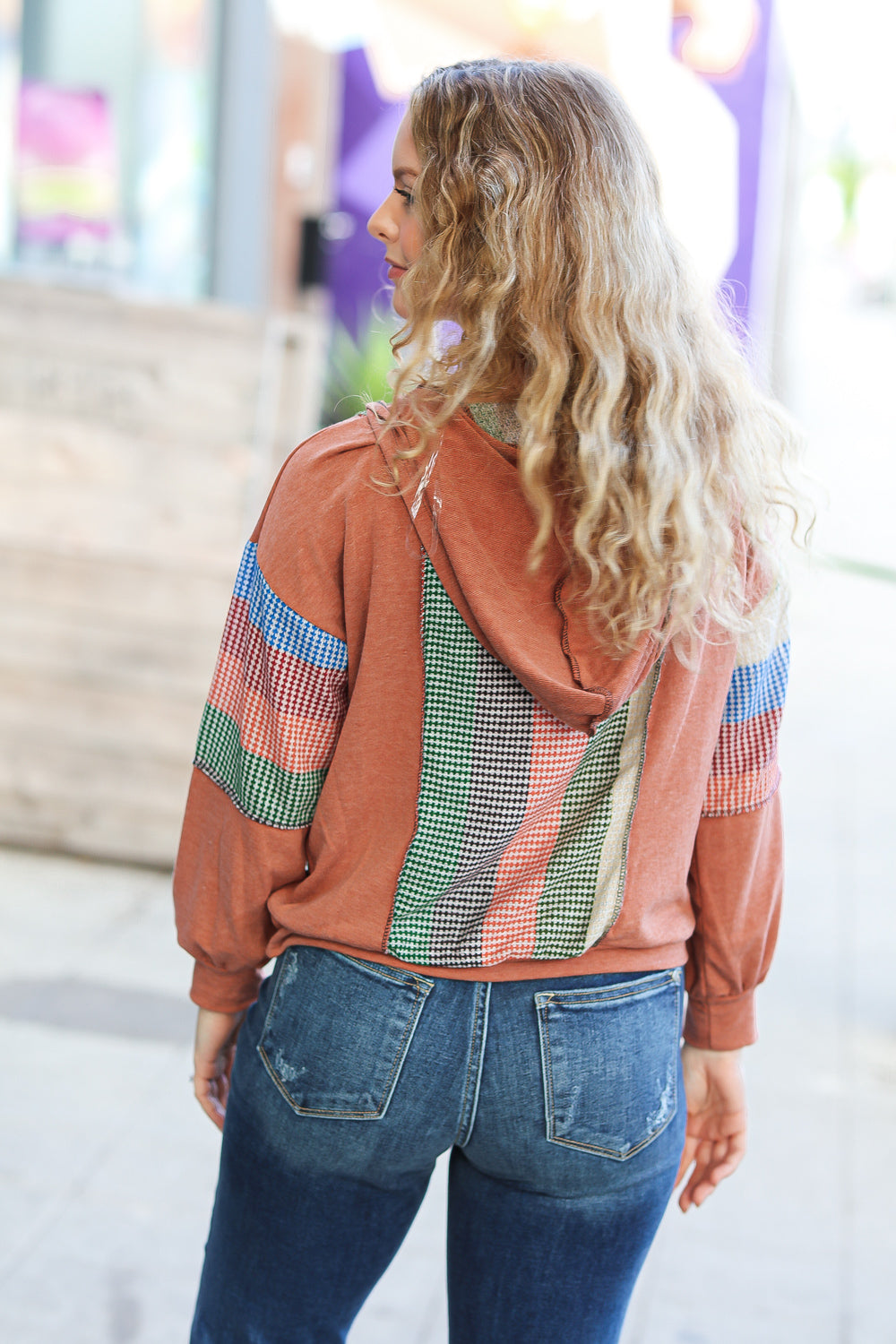 Maxct &Feeling Vintage Rust & Blue Stripe Textured Notched Hoodie