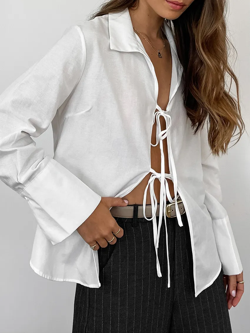 Hollow Out Lace Up White Cotton Linen Shirt Women's Long Sleeve Loose Casual Sexy Lapel Cardigan Top Female Summer new