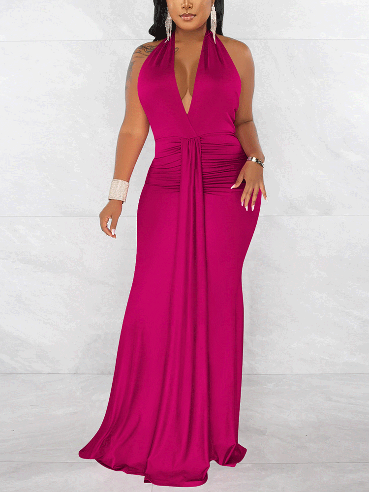 Halter Ruched Maxi Dress Maxct