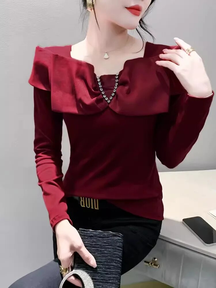 Maxct Autumn Cotton T-shirt Women's Beading Bowknot Slash Collor TShirts Female Fashion Slim Top HF3011