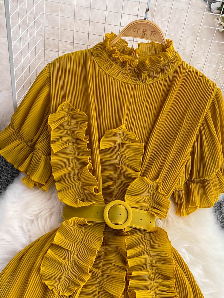 Women's Pleated Midi Dress Purple/Red/White Stand Collar Short Flare Sleeve High Waist A-Line Ruffle Party Vestidos Female