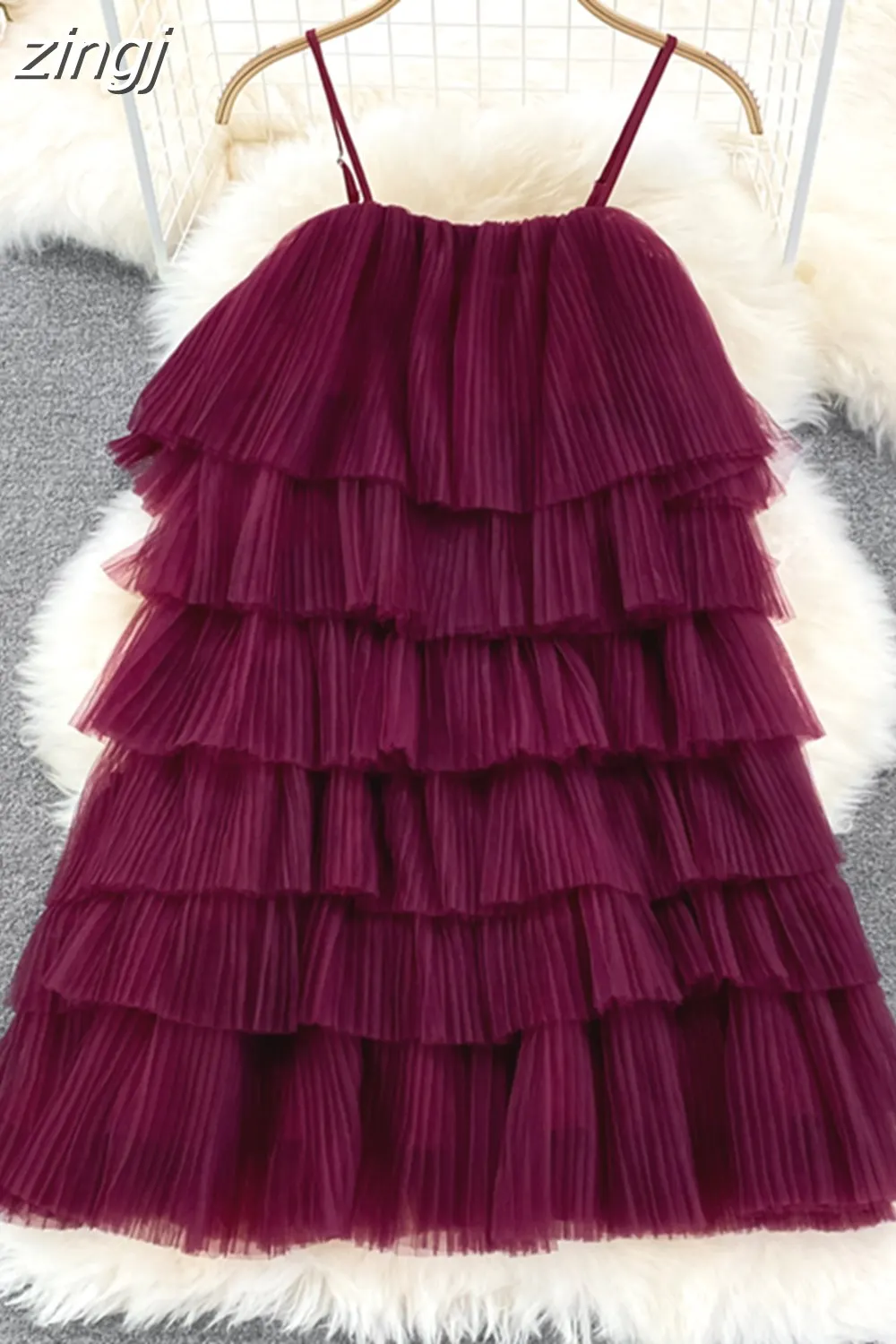 Maxct Cascading Ruffle Mesh Spaghetti Strap Mini Dress Women Purple/Green/Pink Sleeveless A-Line Vacation Beach Vestidos Female