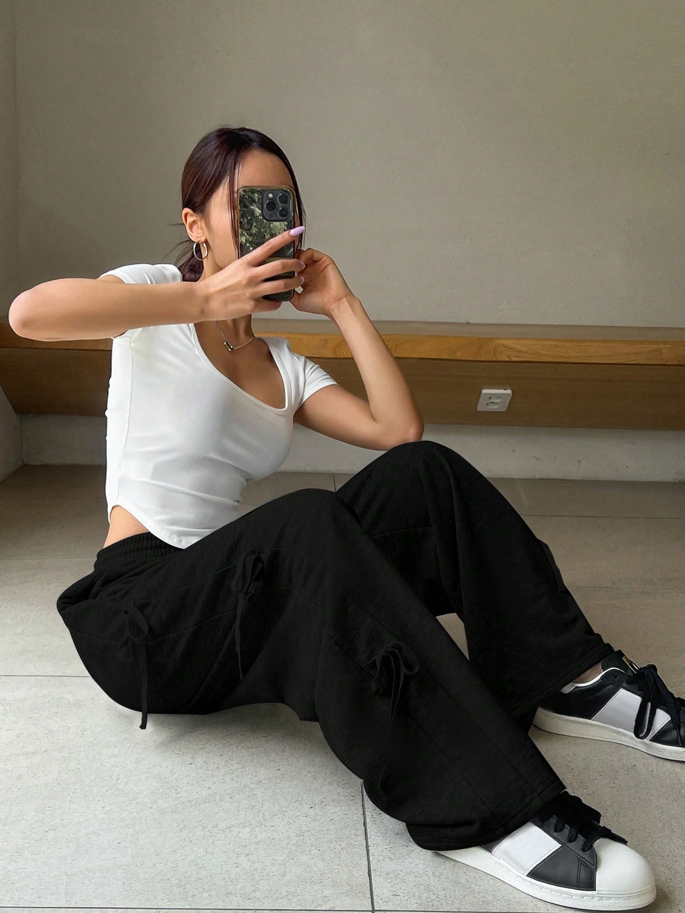 Maxct Women's Loose Casual Solid Color Drawstring Waist Jogger Pants With Bow Decor