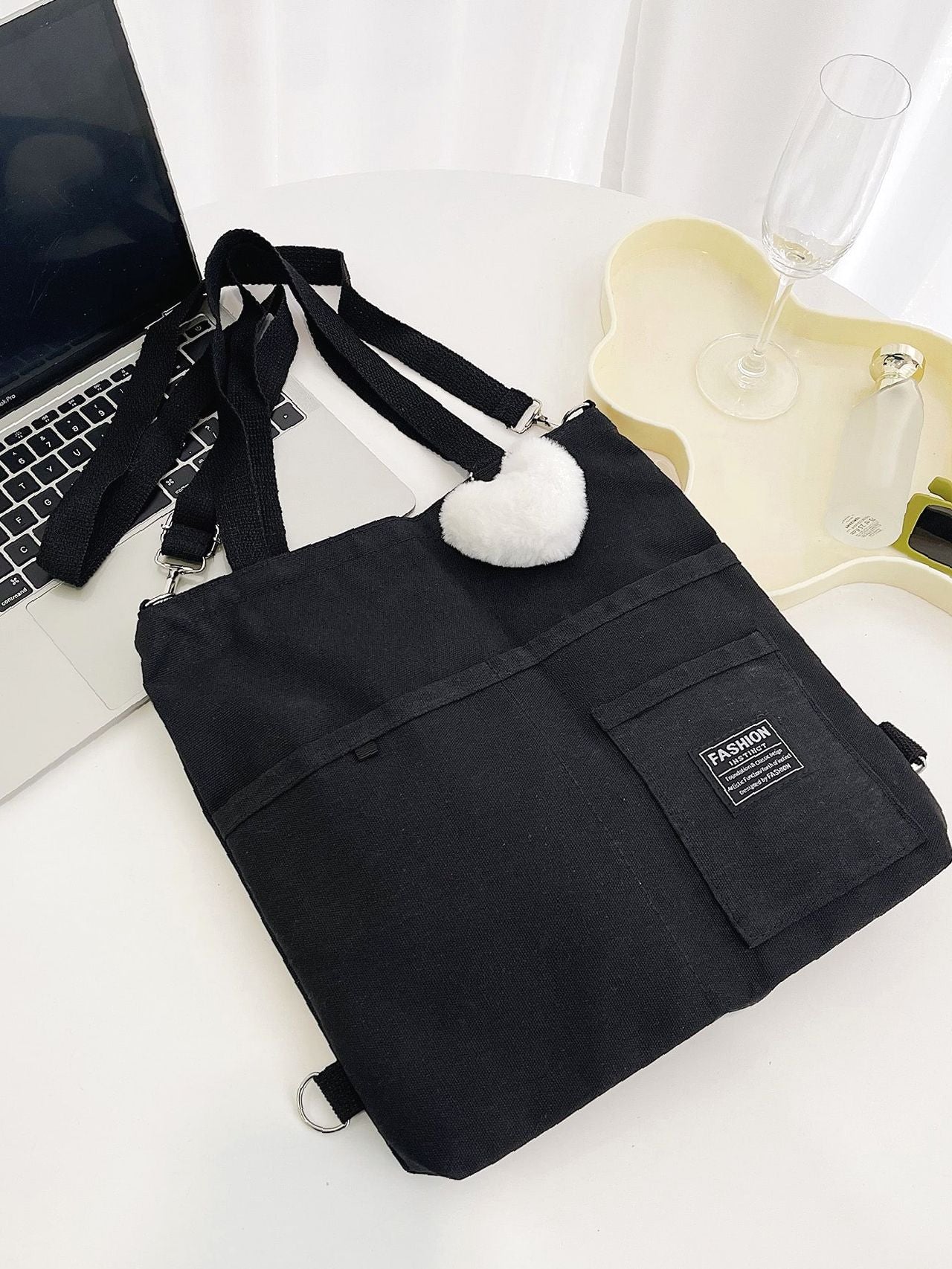 Maxct - Letter Graphic Shopper Bag with Bag Charm  - Women Tote Bags
