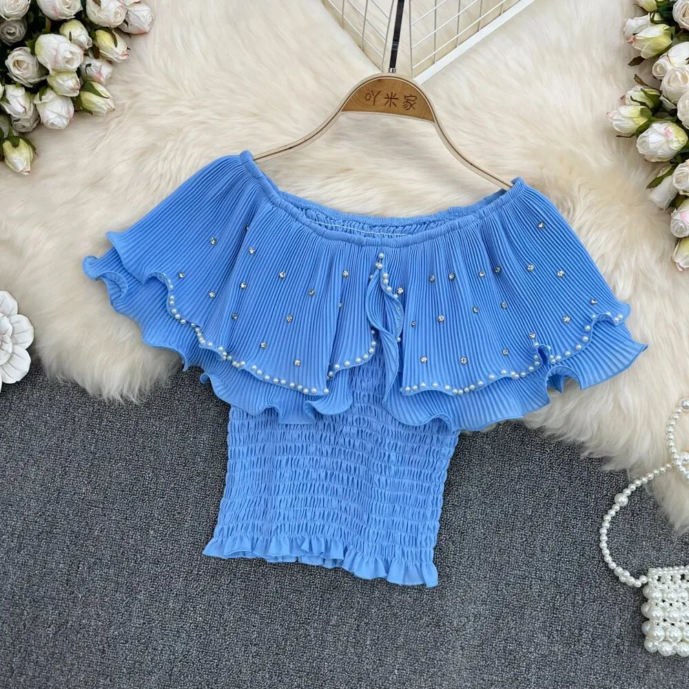 Maxct Sweet Cropped T-shirt Women Beading Ruffles Slash Neck Crop Tops Girls High Stretchy Fashon Tee Shirts