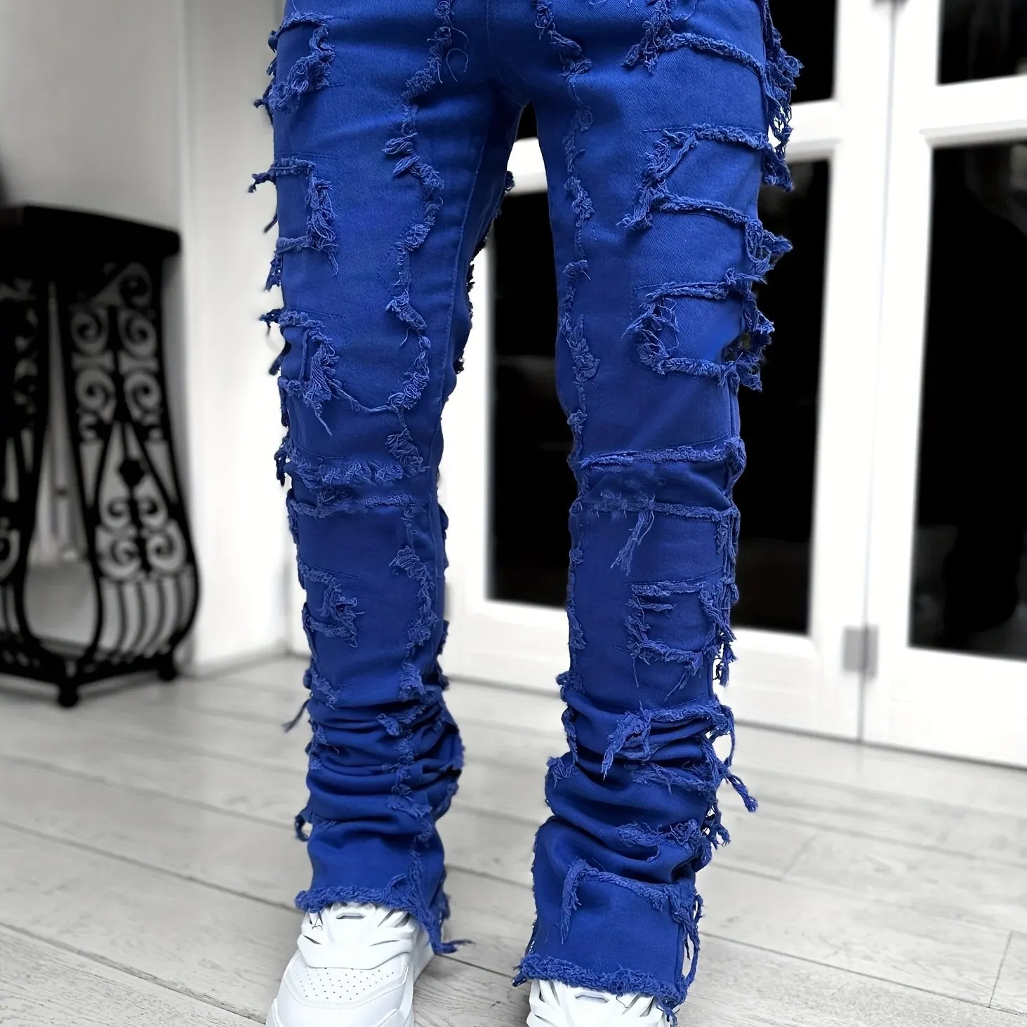Maxct Creative Tassels Decoration Straight Fit Jeans, Men's Casual Medium Stretch Street Style Denim Pants For All Seasons