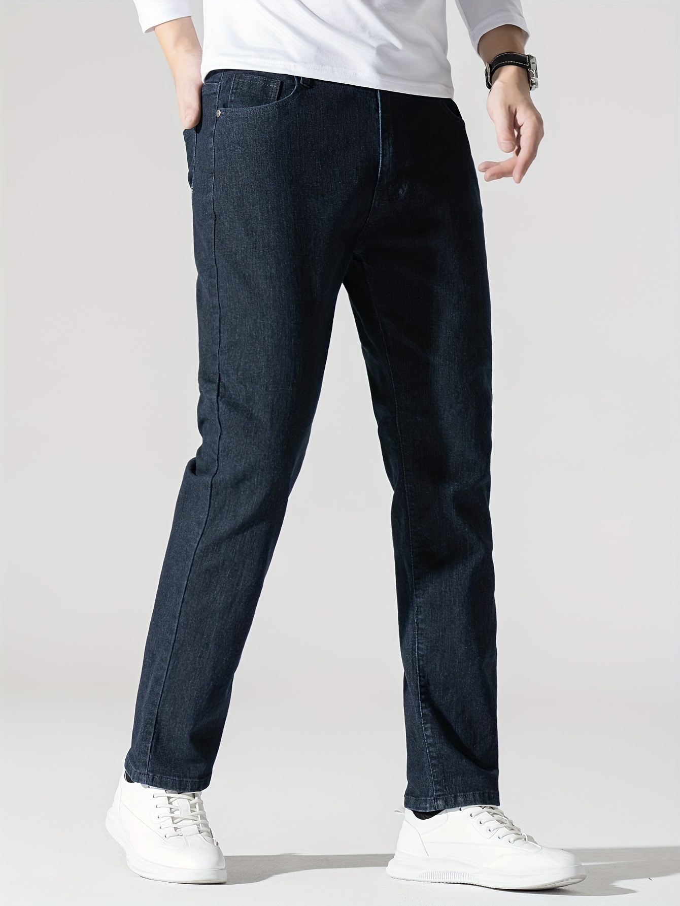Men's High Stretch Jeans For Business, Slim Fit Denim Pants With Pockets For Spring Fall